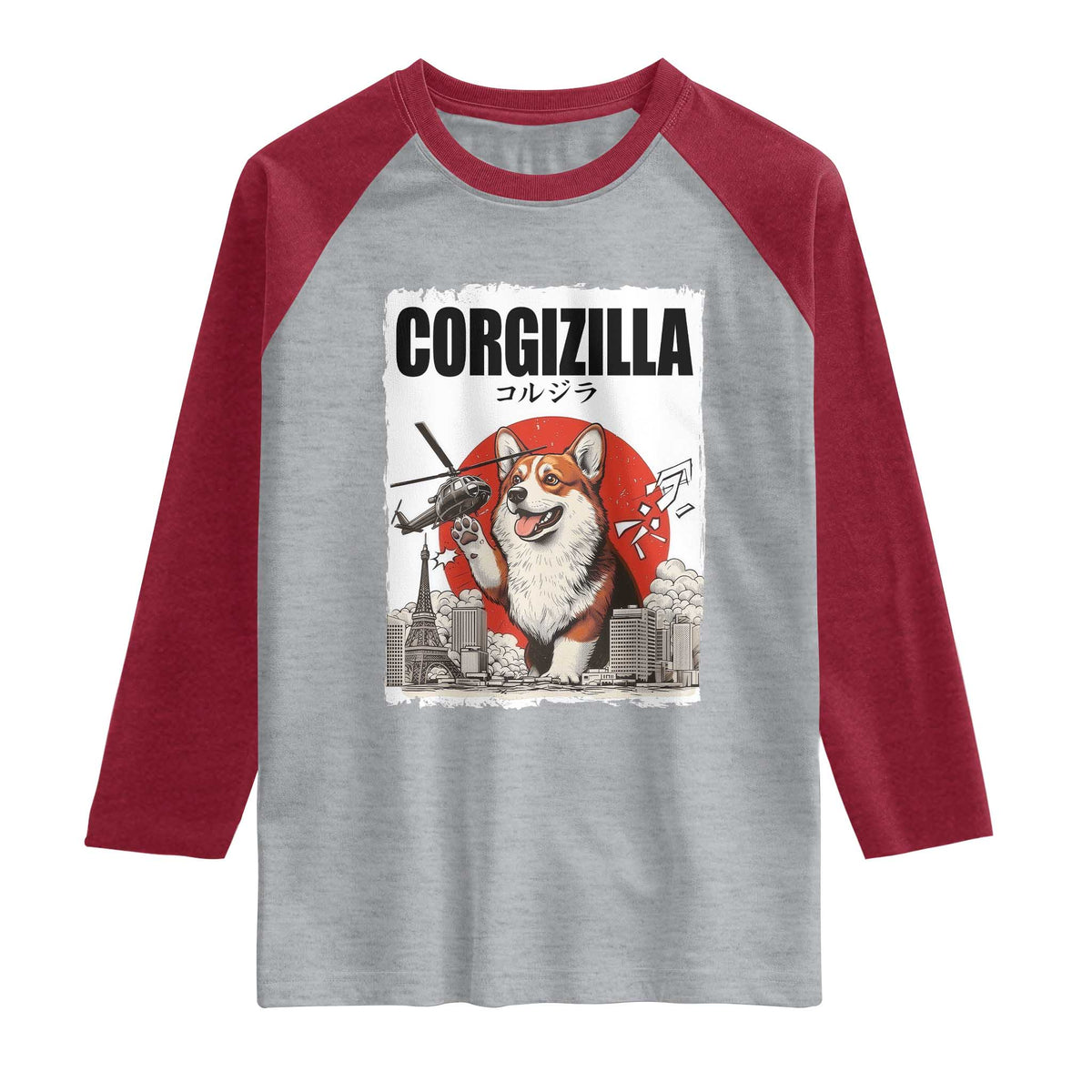 Corgizilla Giant Raglan Shirt Funny Corgi Monster Roaring Tokyo Japan