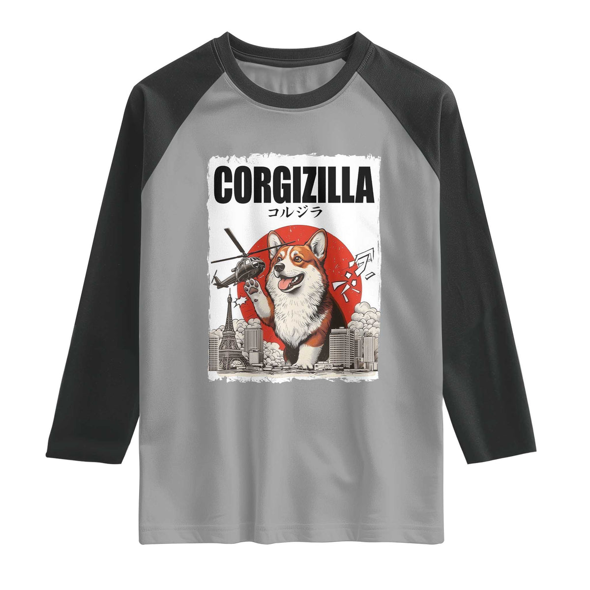 Corgizilla Giant Raglan Shirt Funny Corgi Monster Roaring Tokyo Japan