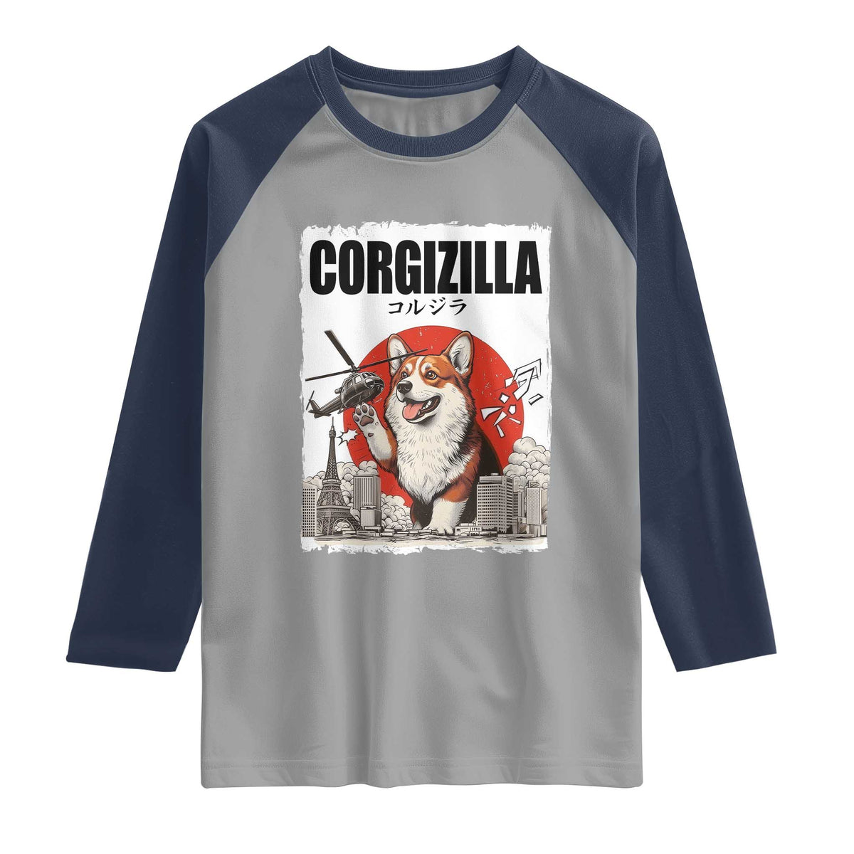 Corgizilla Giant Raglan Shirt Funny Corgi Monster Roaring Tokyo Japan