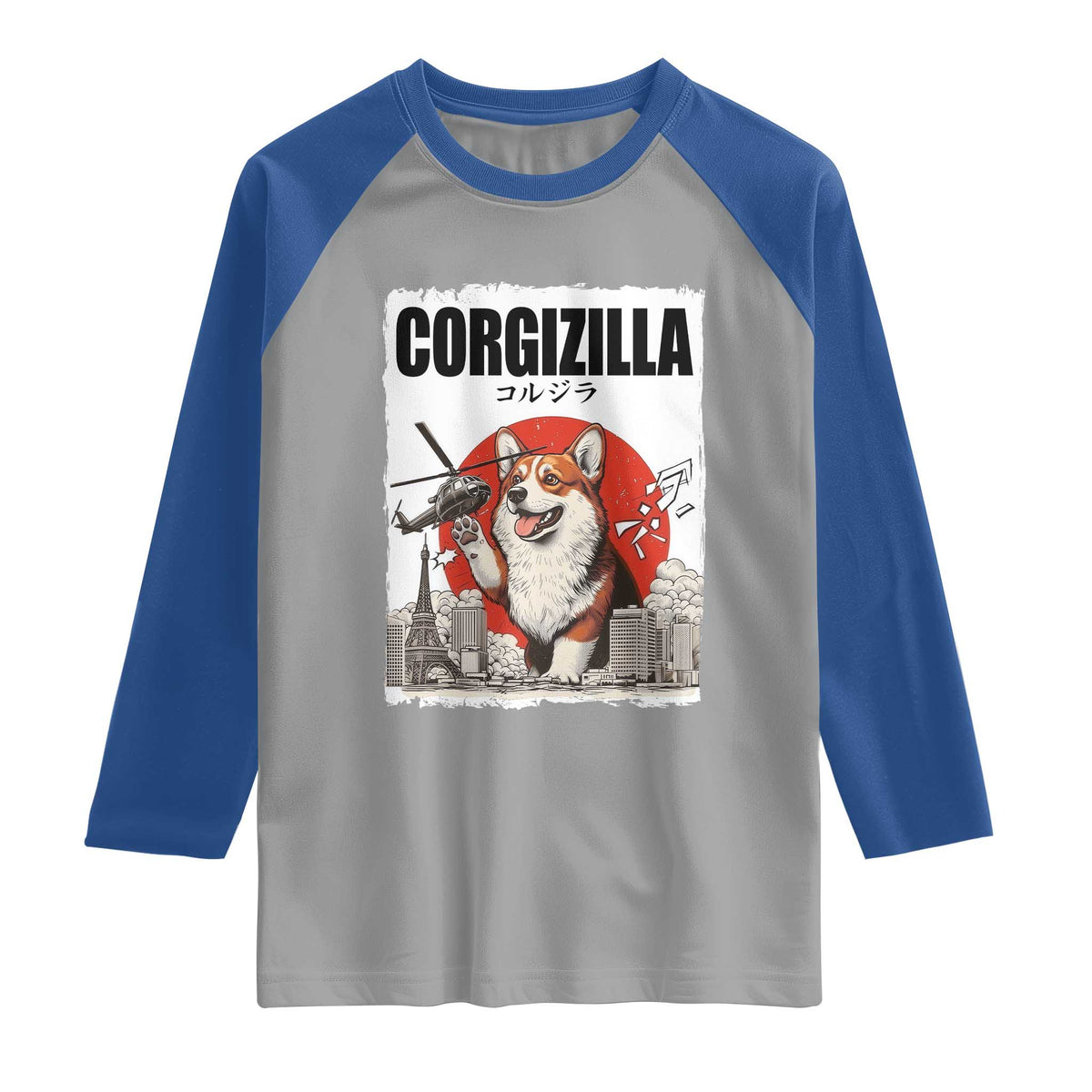 Corgizilla Giant Raglan Shirt Funny Corgi Monster Roaring Tokyo Japan