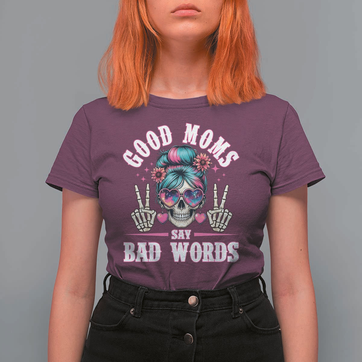 Skeleton Messy Bun Mom T Shirt For Women Good Moms Say Bad Words