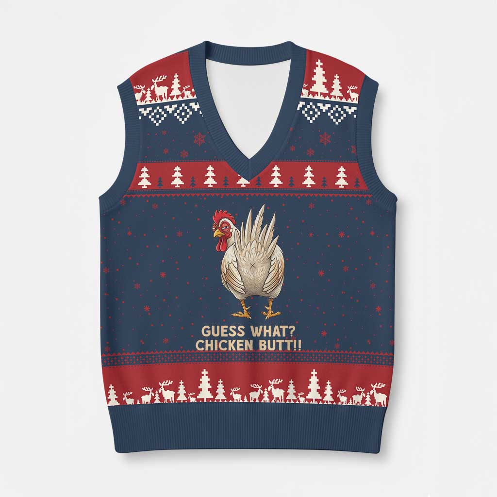 Guess What Chicken Butt Joke V-Neck Knit Sweater Vest Funny Chicken Lover Graphic