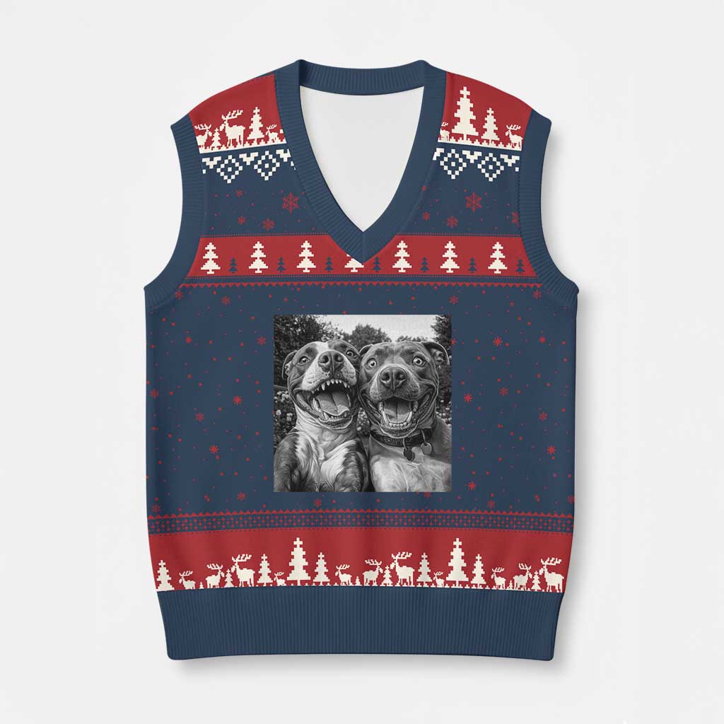 Pitbull Selfie Meme V-Neck Knit Sweater Vest Funny Dog Lover Graphic