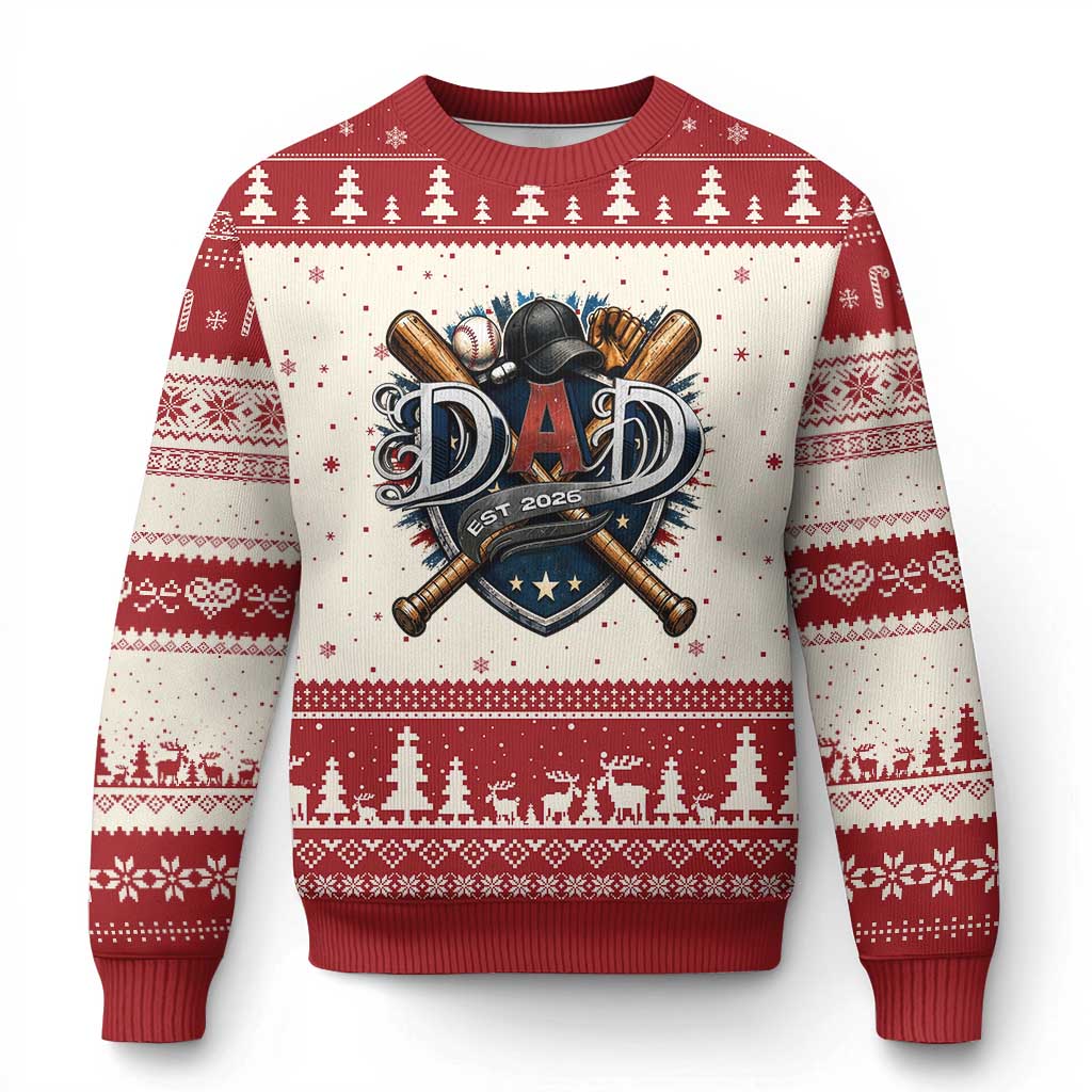 Baseball Dad Est 2026 Ugly Christmas Sweater New Dad Father's Day Gift