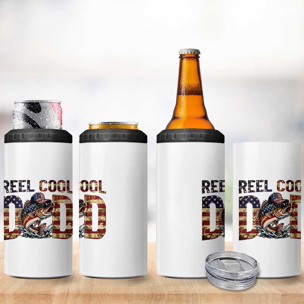 Patriotic Reel Cool Dad 4 in 1 Can Cooler Tumbler American Flag Fishing Fathers Day Gift