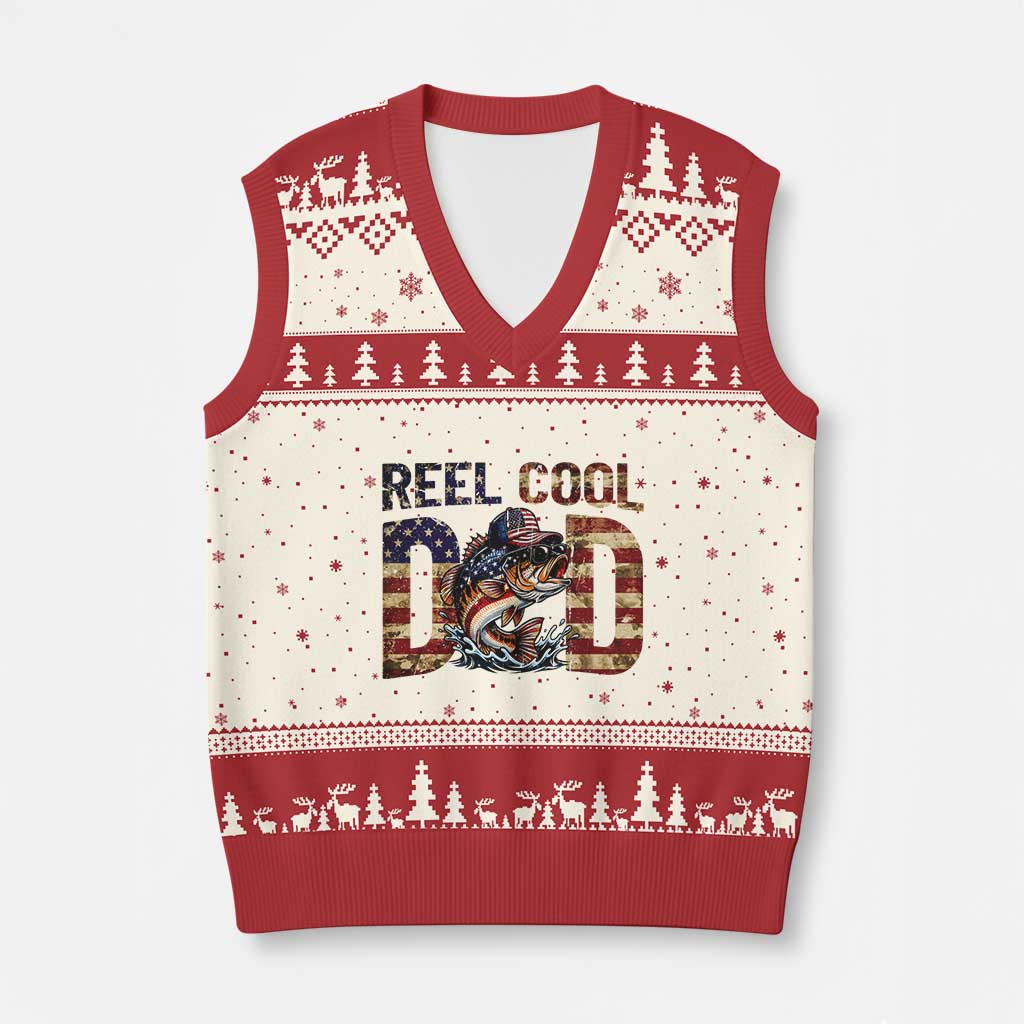Patriotic Reel Cool Dad V-Neck Knit Sweater Vest American Flag Fishing Fathers Day Gift