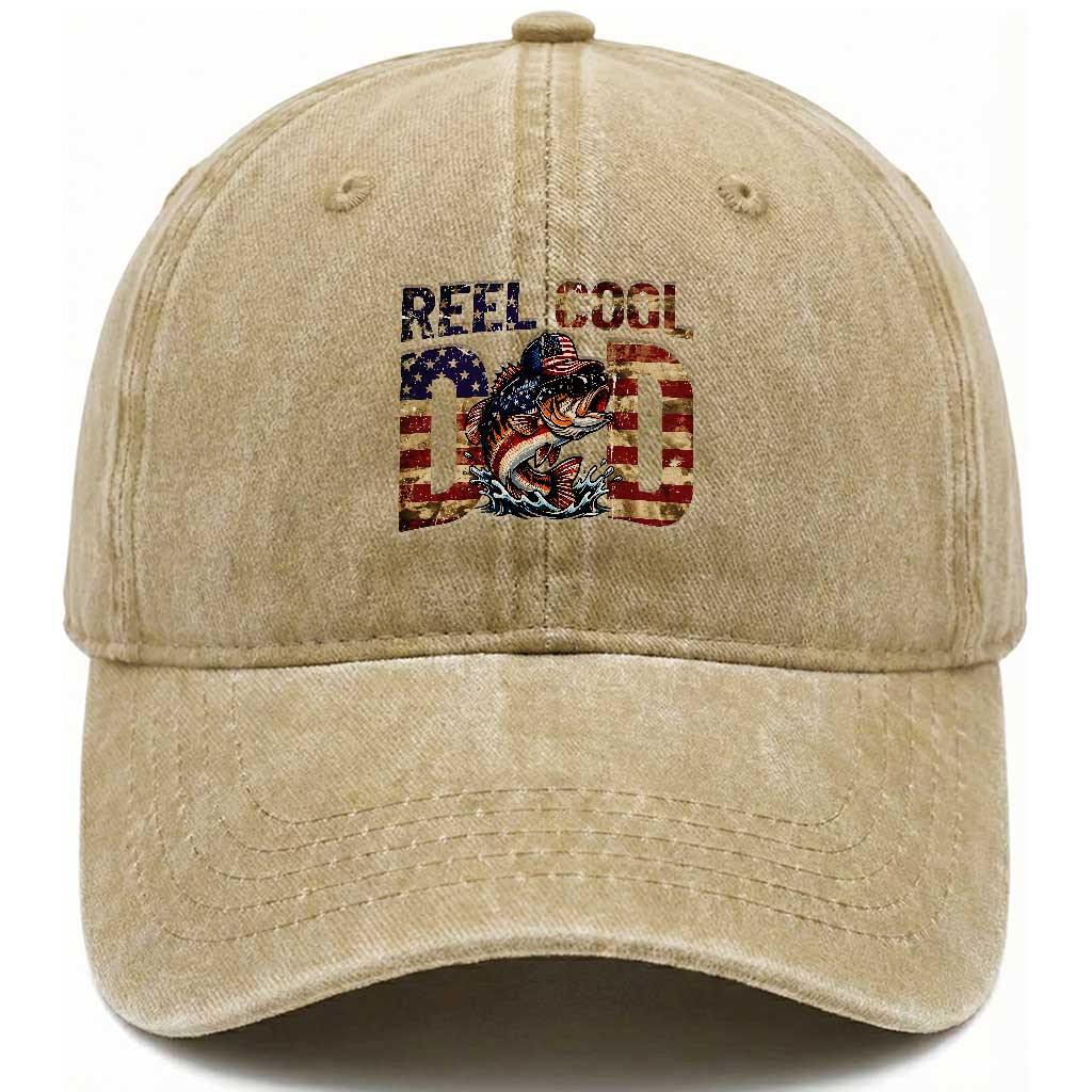 Patriotic Reel Cool Dad Washed Cotton Baseball Cap American Flag Fishing Fathers Day Gift