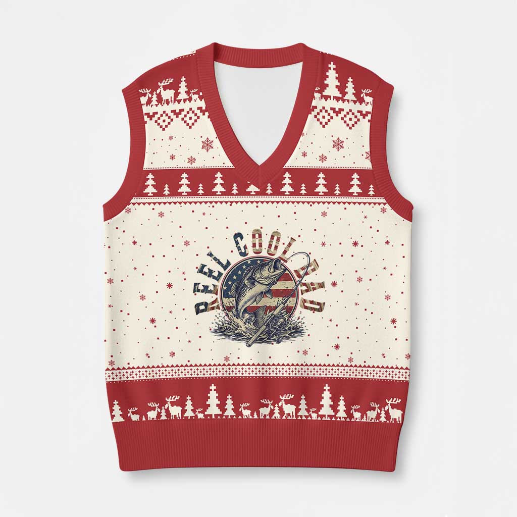 Reel Cool Dad Graphic V-Neck Knit Sweater Vest 4th Of July Fishing Patriotic Dad