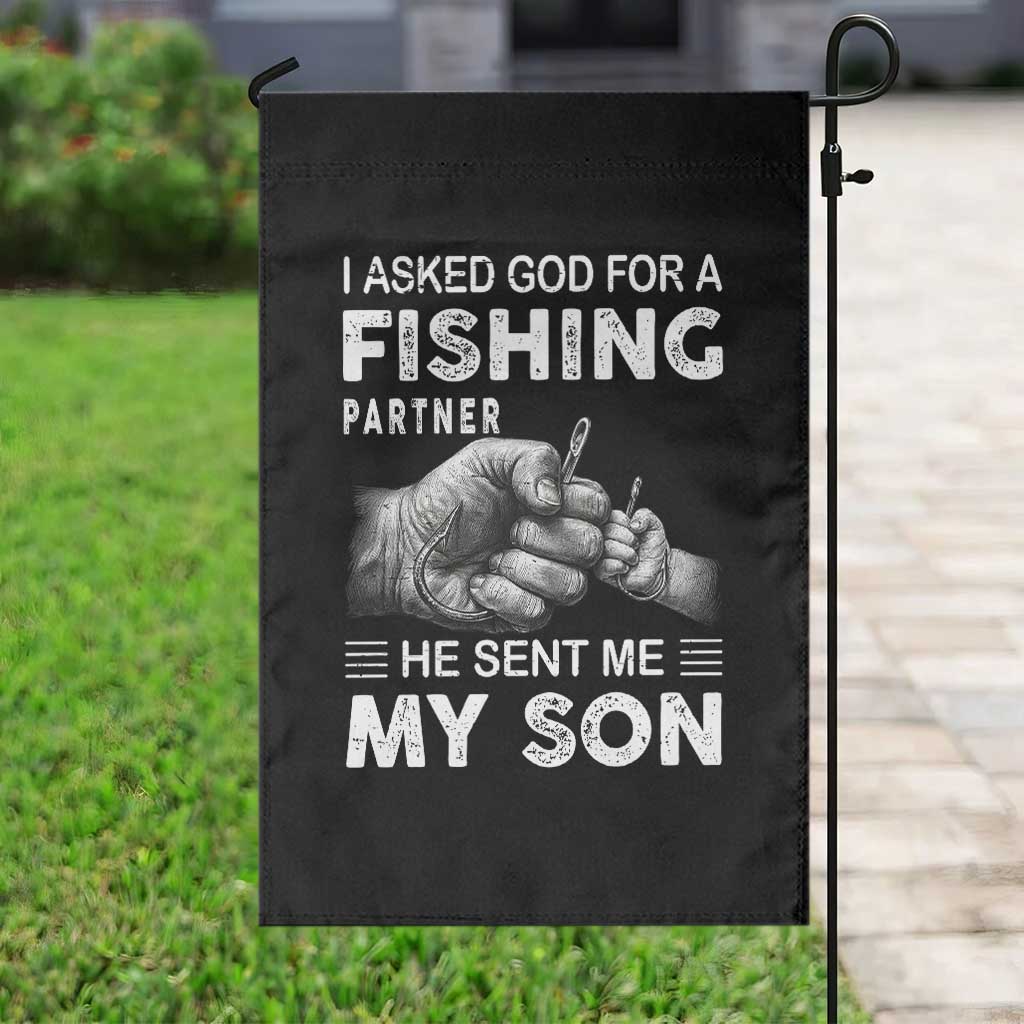Father And Son Fishing Garden Flag Asked God For A Fishing Partner Graphic