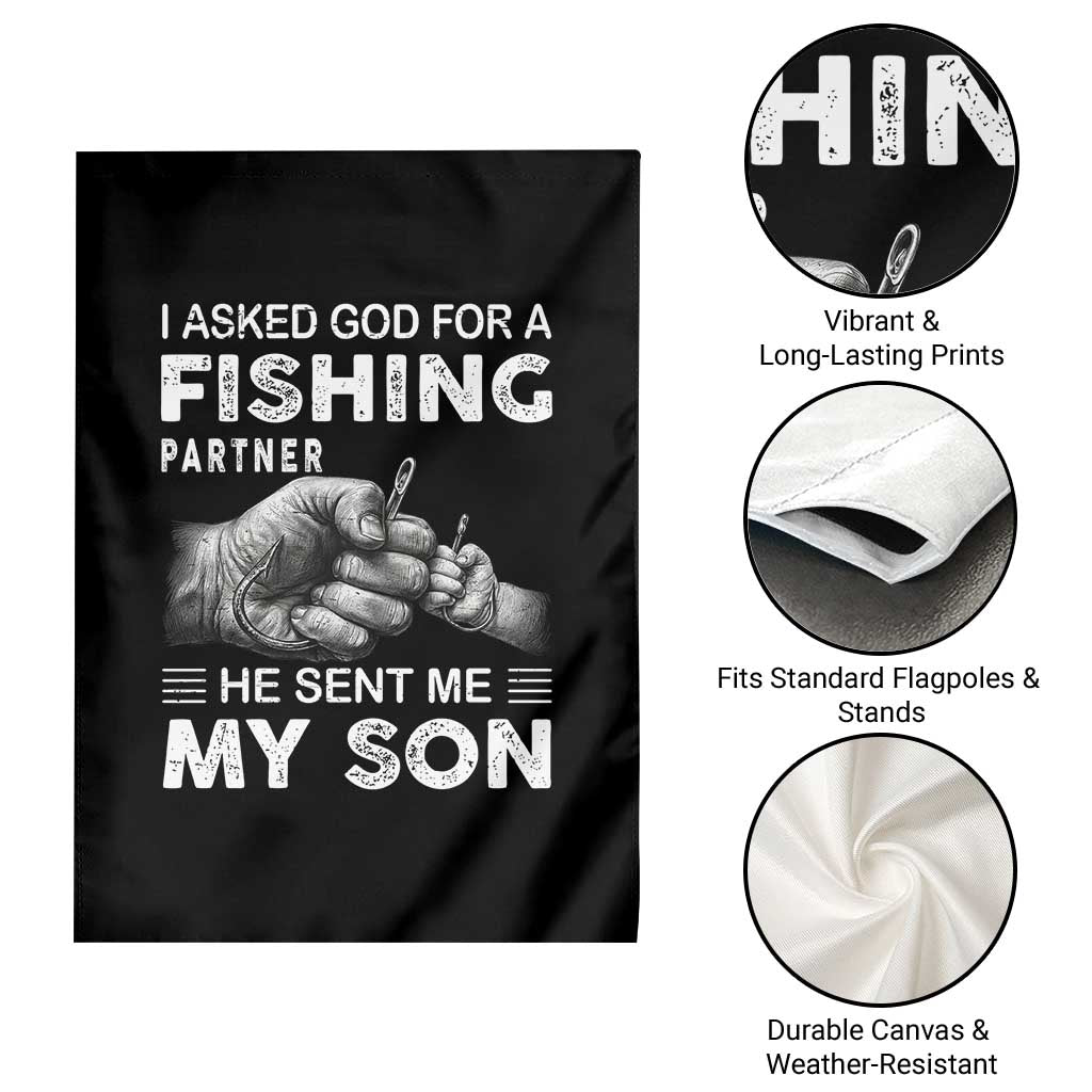 Father And Son Fishing Garden Flag Asked God For A Fishing Partner Graphic
