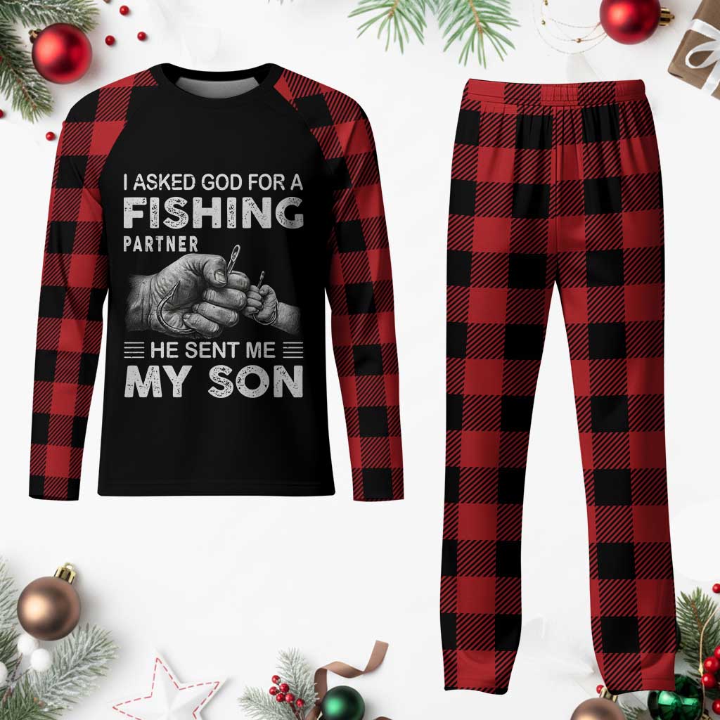 Father And Son Fishing Plaid Pajama Set Asked God For A Fishing Partner Graphic