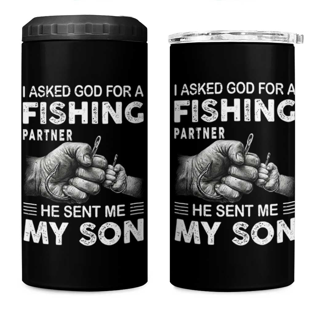 Father And Son Fishing 4 in 1 Can Cooler Tumbler Asked God For A Fishing Partner Graphic