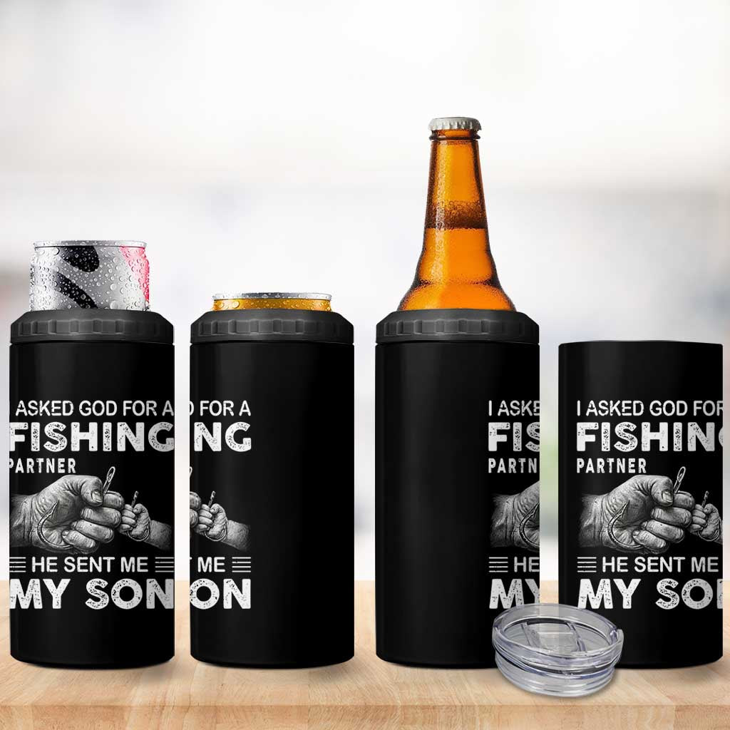 Father And Son Fishing 4 in 1 Can Cooler Tumbler Asked God For A Fishing Partner Graphic