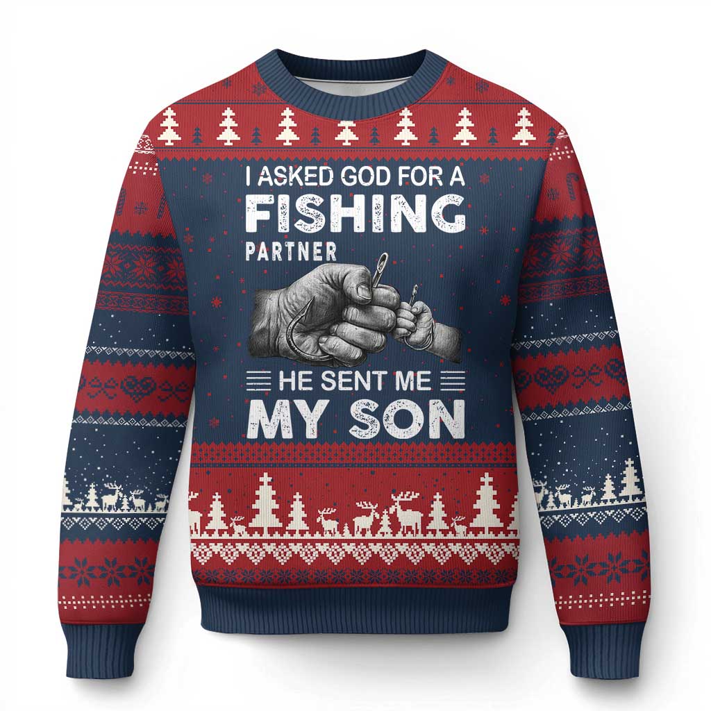 Father And Son Fishing Ugly Christmas Sweater Asked God For A Fishing Partner Graphic
