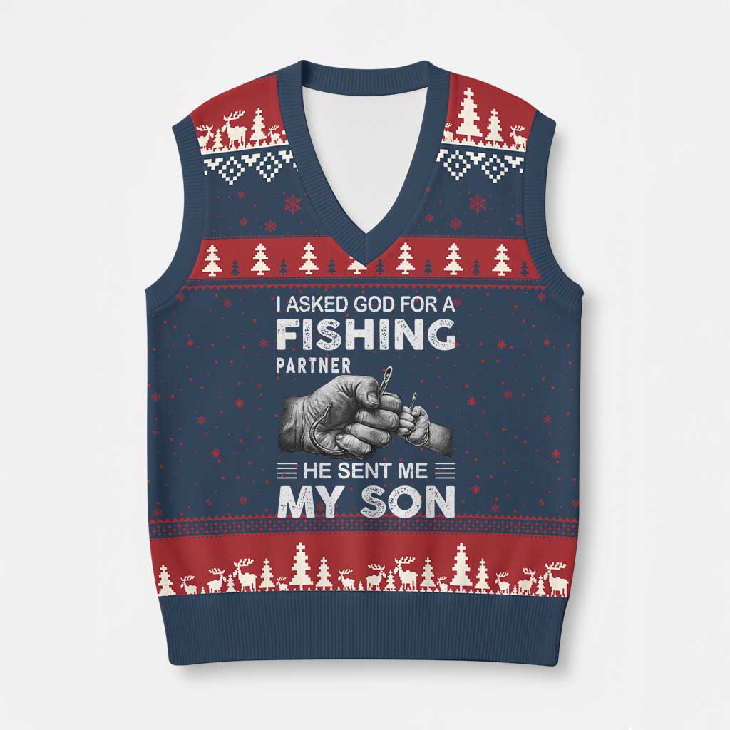 Father And Son Fishing V-Neck Knit Sweater Vest Asked God For A Fishing Partner Graphic