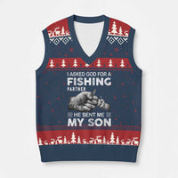 Father And Son Fishing V-Neck Knit Sweater Vest Asked God For A Fishing Partner Graphic