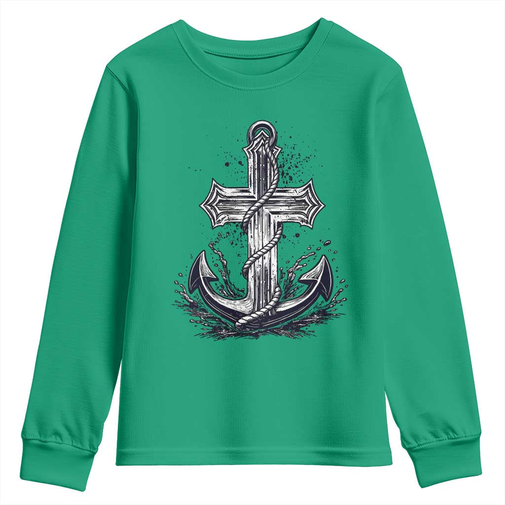 Faith Family Fishing Jesus Cross Anchor Youth Sweatshirt Funny Christian Fisherman
