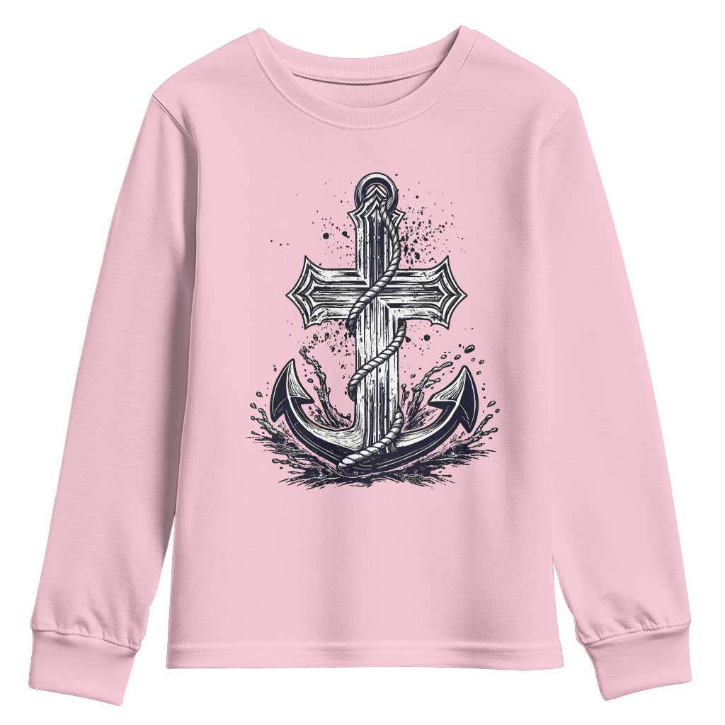 Faith Family Fishing Jesus Cross Anchor Youth Sweatshirt Funny Christian Fisherman
