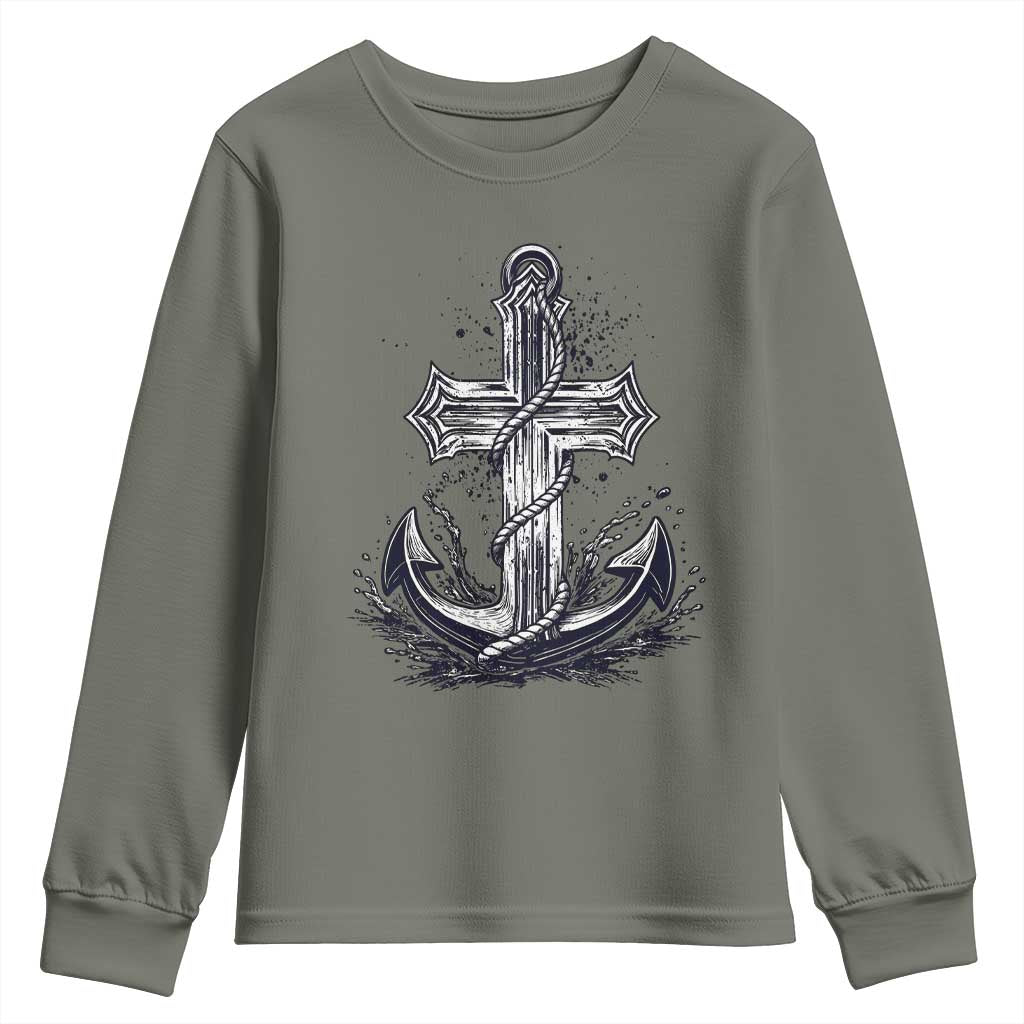 Faith Family Fishing Jesus Cross Anchor Youth Sweatshirt Funny Christian Fisherman