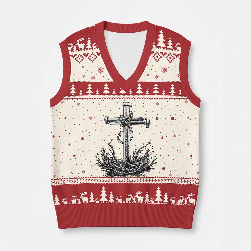 Faith Family Fishing V-Neck Knit Sweater Vest Christian Jesus Cross Fathers Day Gift