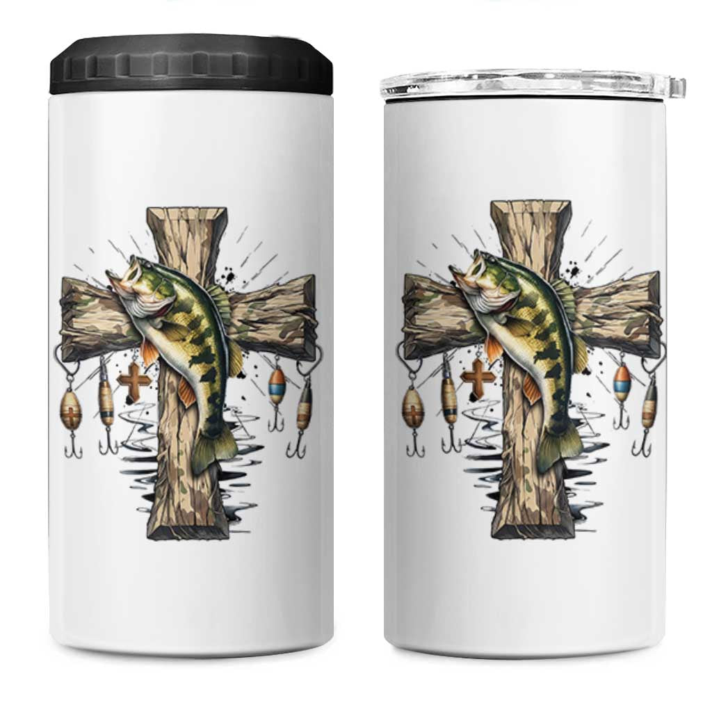 Camo Jesus Cross Fishing 4 in 1 Can Cooler Tumbler Faith Family Fishing Fathers Day