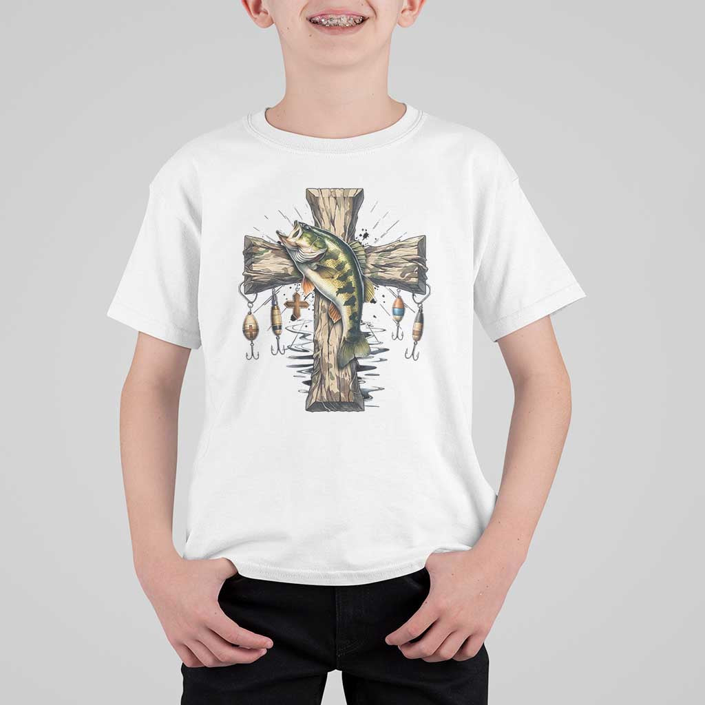 Camo Jesus Cross Fishing T Shirt For Kid Faith Family Fishing Fathers Day