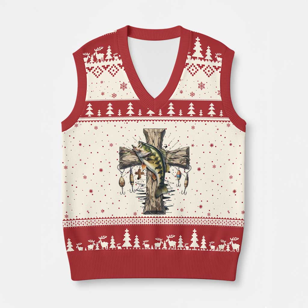 Camo Jesus Cross Fishing V-Neck Knit Sweater Vest Faith Family Fishing Fathers Day