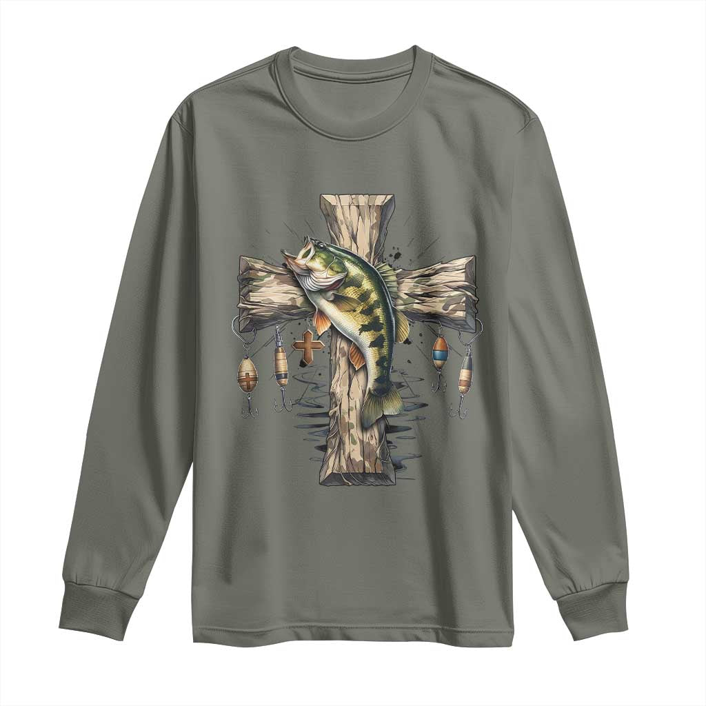 Camo Jesus Cross Fishing Long Sleeve Shirt Faith Family Fishing Fathers Day