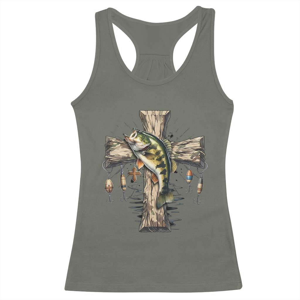 Camo Jesus Cross Fishing Racerback Tank Top Faith Family Fishing Fathers Day