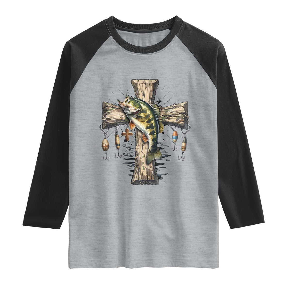 Camo Jesus Cross Fishing Raglan Shirt Faith Family Fishing Fathers Day