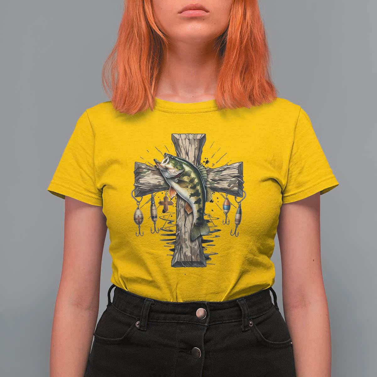 Camo Jesus Cross Fishing T Shirt For Women Faith Family Fishing Fathers Day
