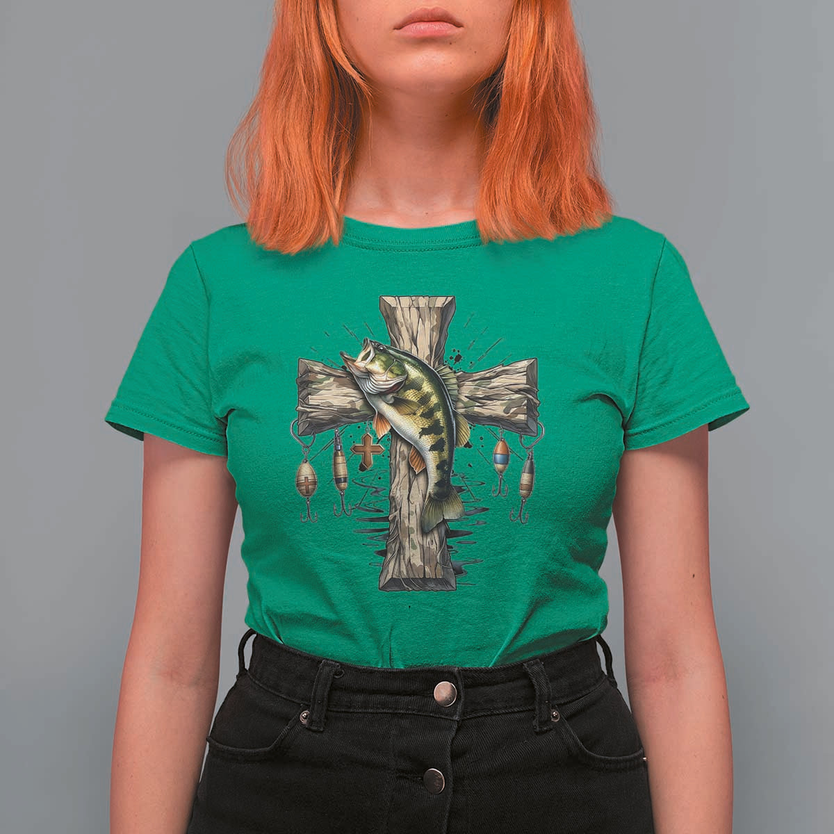 Camo Jesus Cross Fishing T Shirt For Women Faith Family Fishing Fathers Day