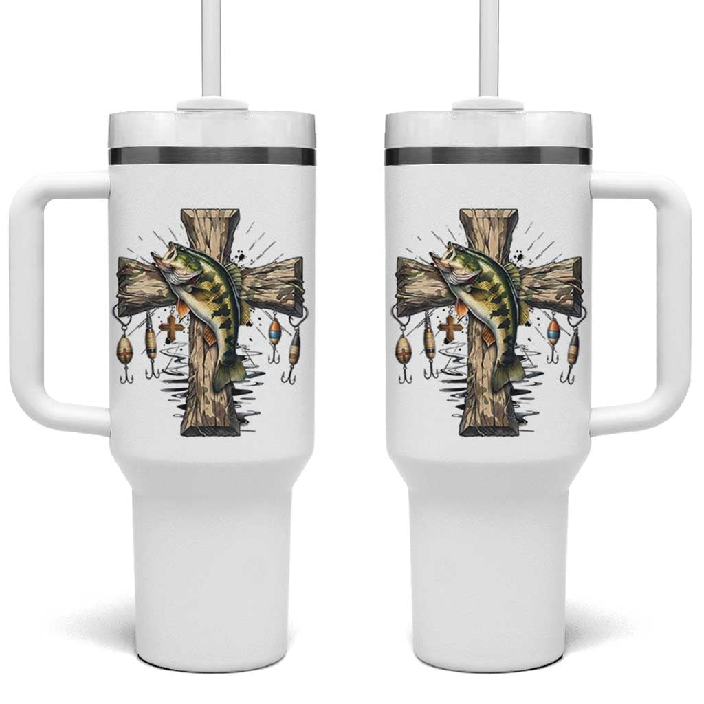 Camo Jesus Cross Fishing Tumbler With Handle Faith Family Fishing Fathers Day