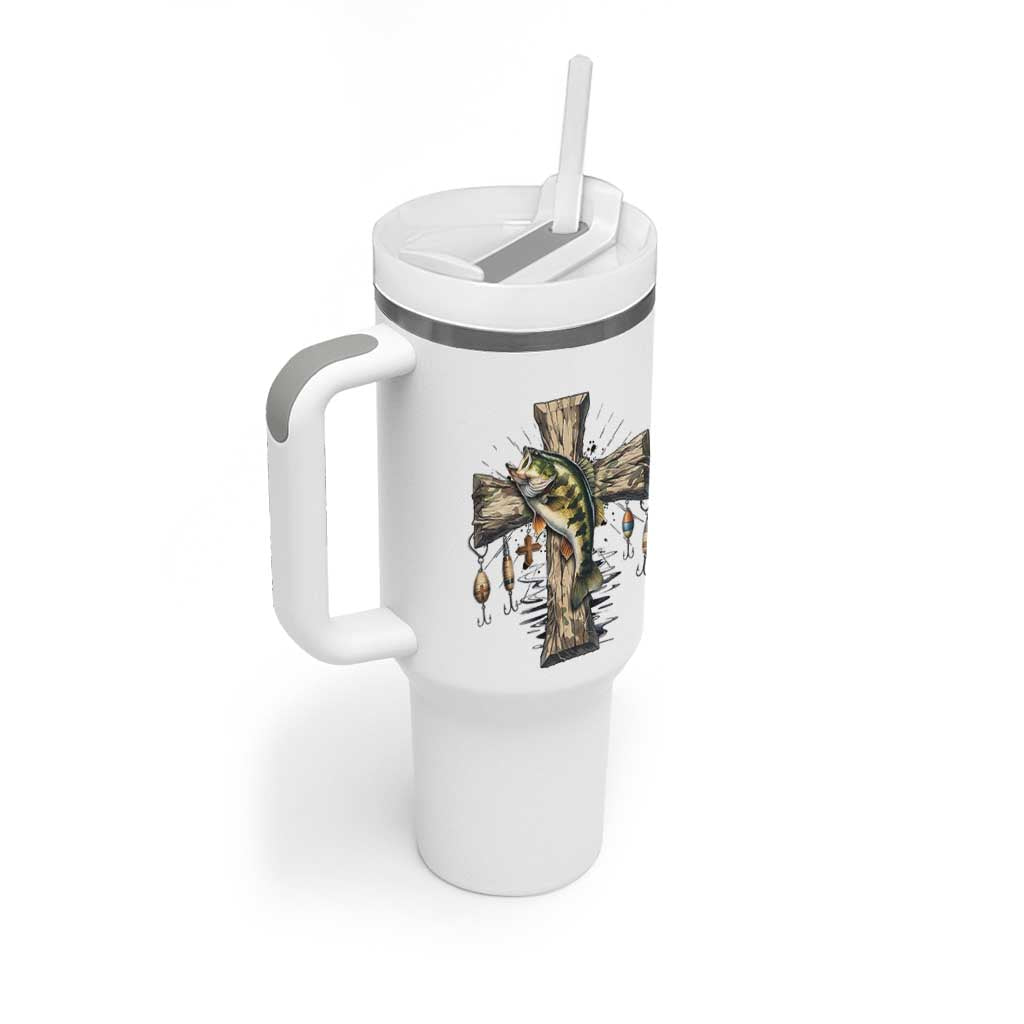 Camo Jesus Cross Fishing Tumbler With Handle Faith Family Fishing Fathers Day