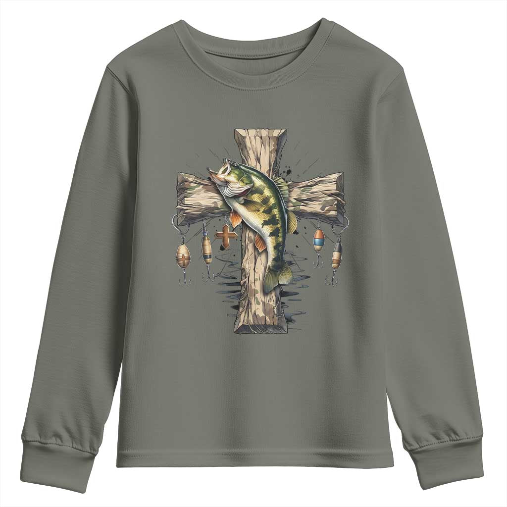 Camo Jesus Cross Fishing Youth Sweatshirt Faith Family Fishing Fathers Day