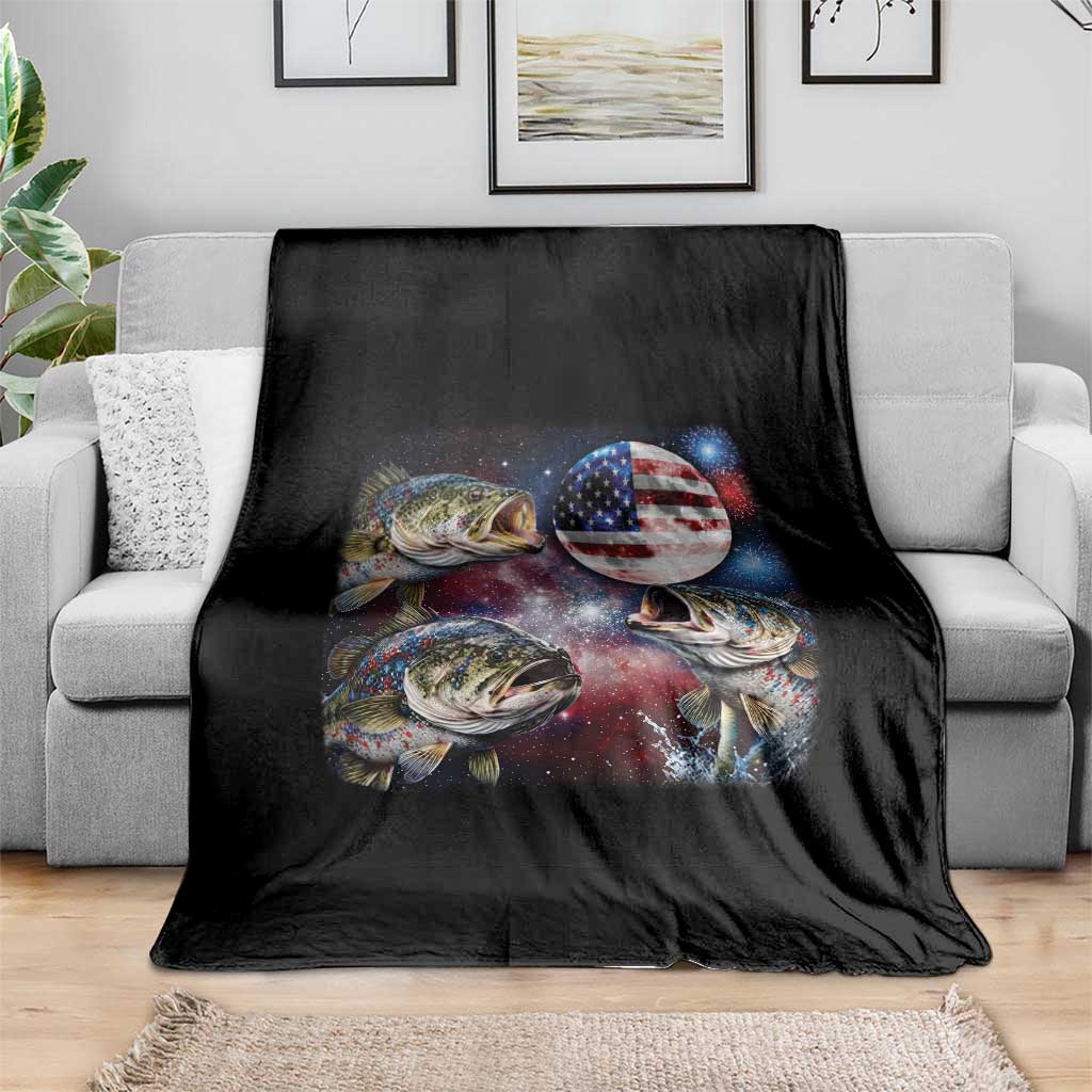 Patriotic Bass Fishing Moon Throw Blanket 4th Of July Fisherman Gift