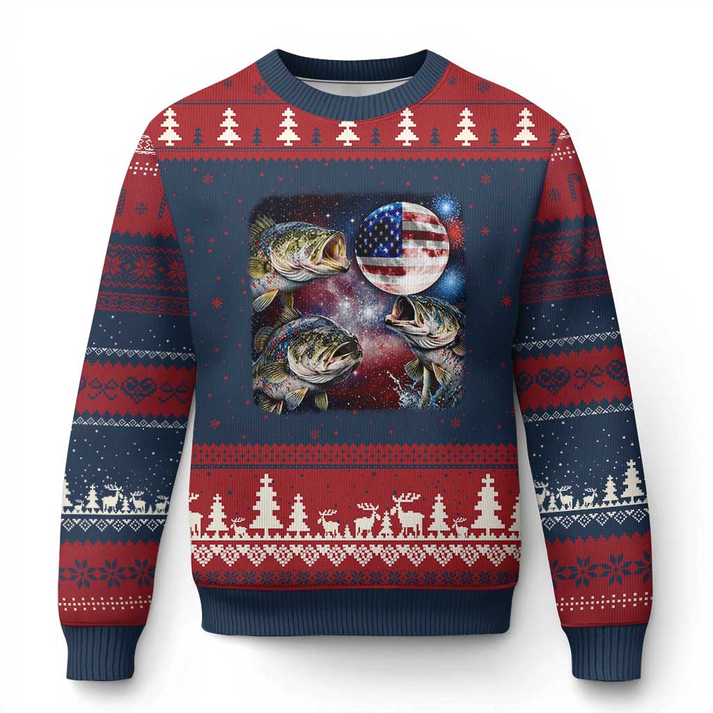 Patriotic Bass Fishing Moon Ugly Christmas Sweater 4th Of July Fisherman Gift