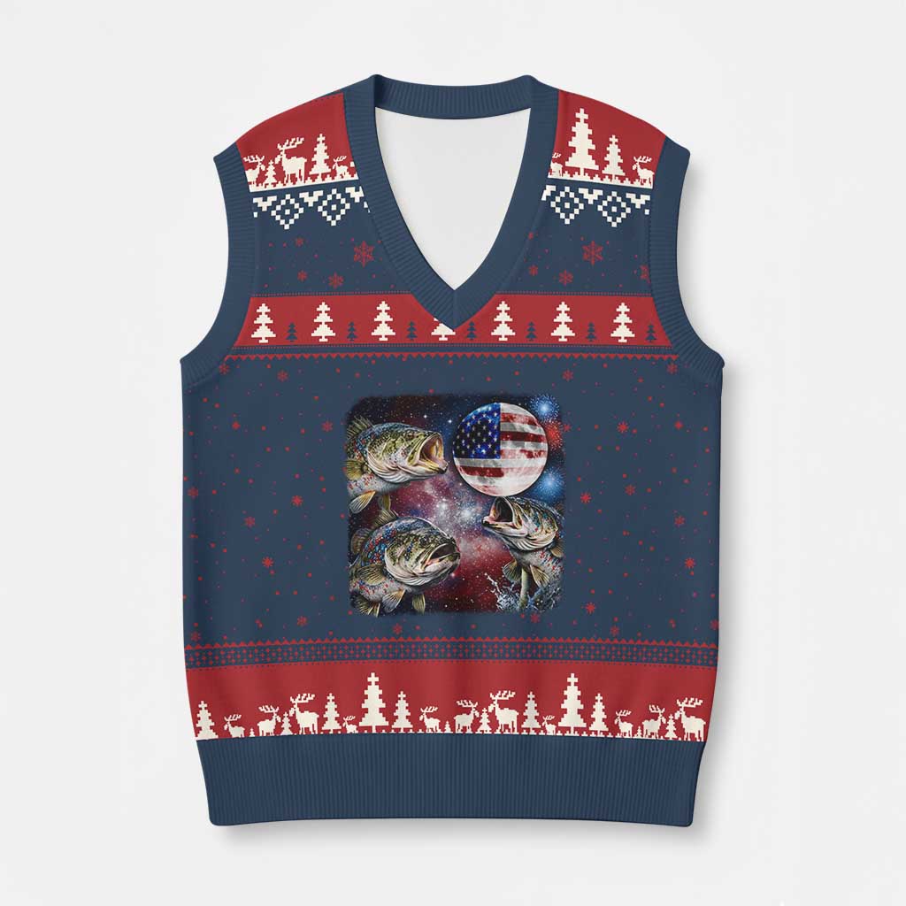 Patriotic Bass Fishing Moon V-Neck Knit Sweater Vest 4th Of July Fisherman Gift