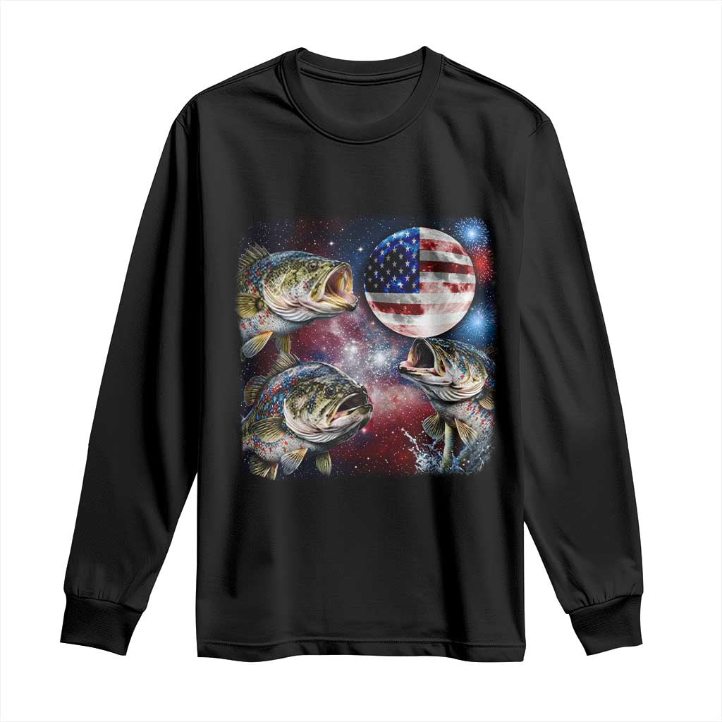 Patriotic Bass Fishing Moon Long Sleeve Shirt 4th Of July Fisherman Gift