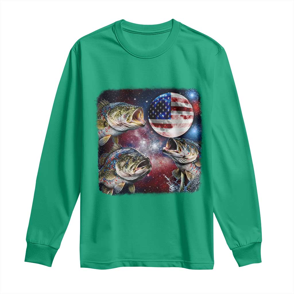 Patriotic Bass Fishing Moon Long Sleeve Shirt 4th Of July Fisherman Gift
