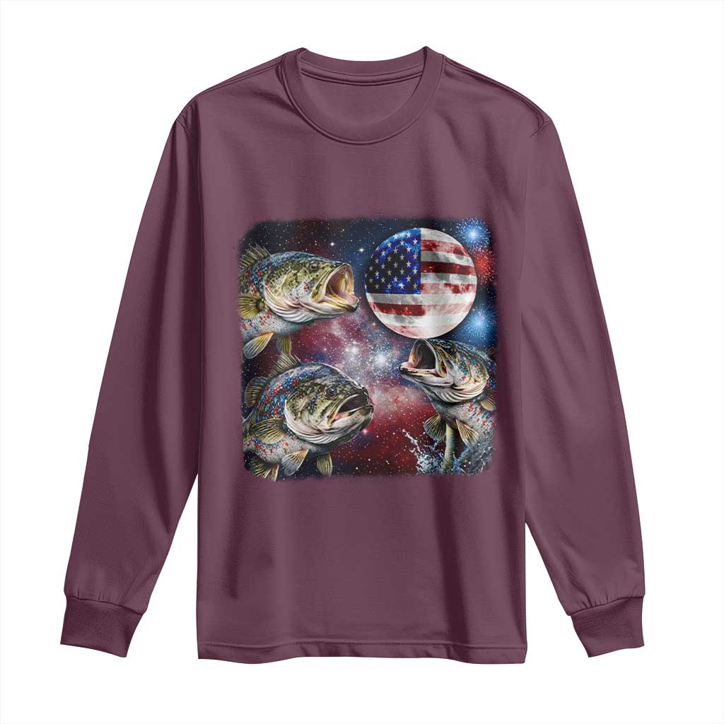 Patriotic Bass Fishing Moon Long Sleeve Shirt 4th Of July Fisherman Gift