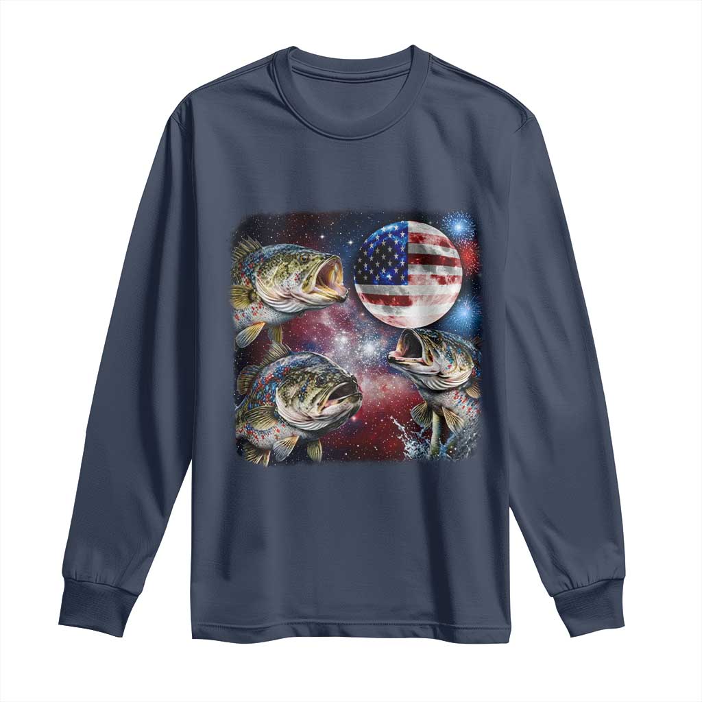 Patriotic Bass Fishing Moon Long Sleeve Shirt 4th Of July Fisherman Gift