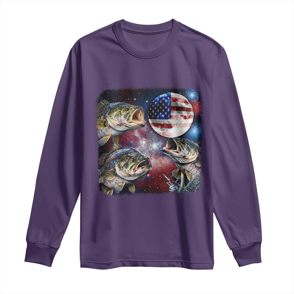 Patriotic Bass Fishing Moon Long Sleeve Shirt 4th Of July Fisherman Gift