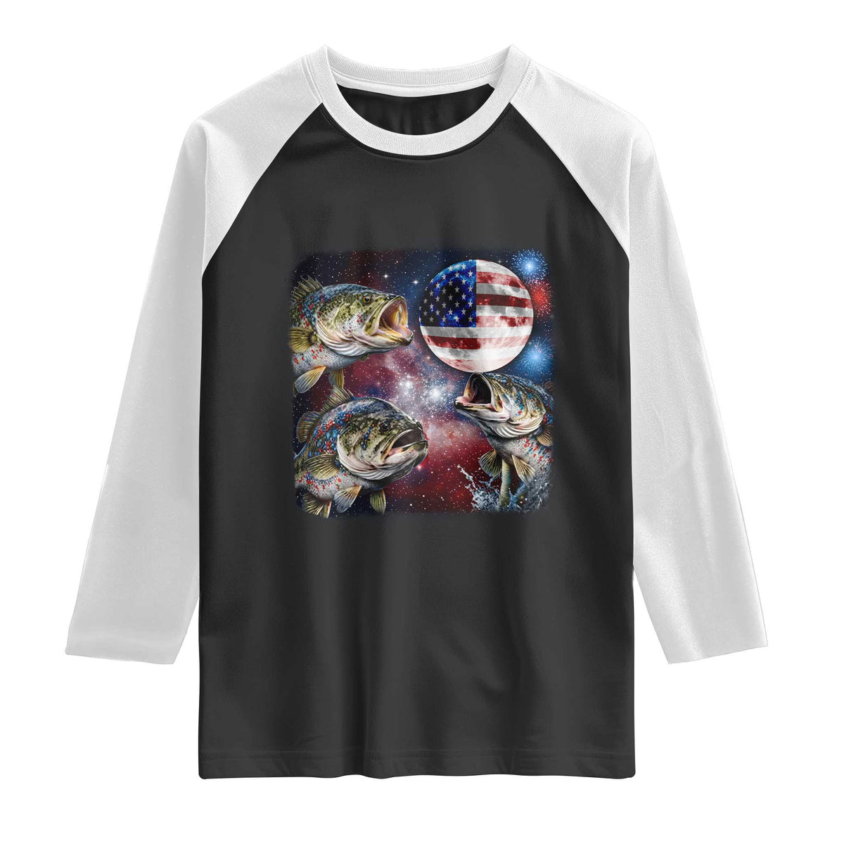 Patriotic Bass Fishing Moon Raglan Shirt 4th Of July Fisherman Gift