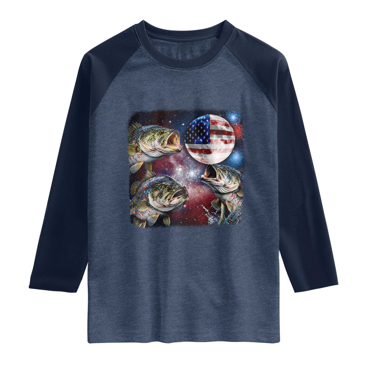 Patriotic Bass Fishing Moon Raglan Shirt 4th Of July Fisherman Gift