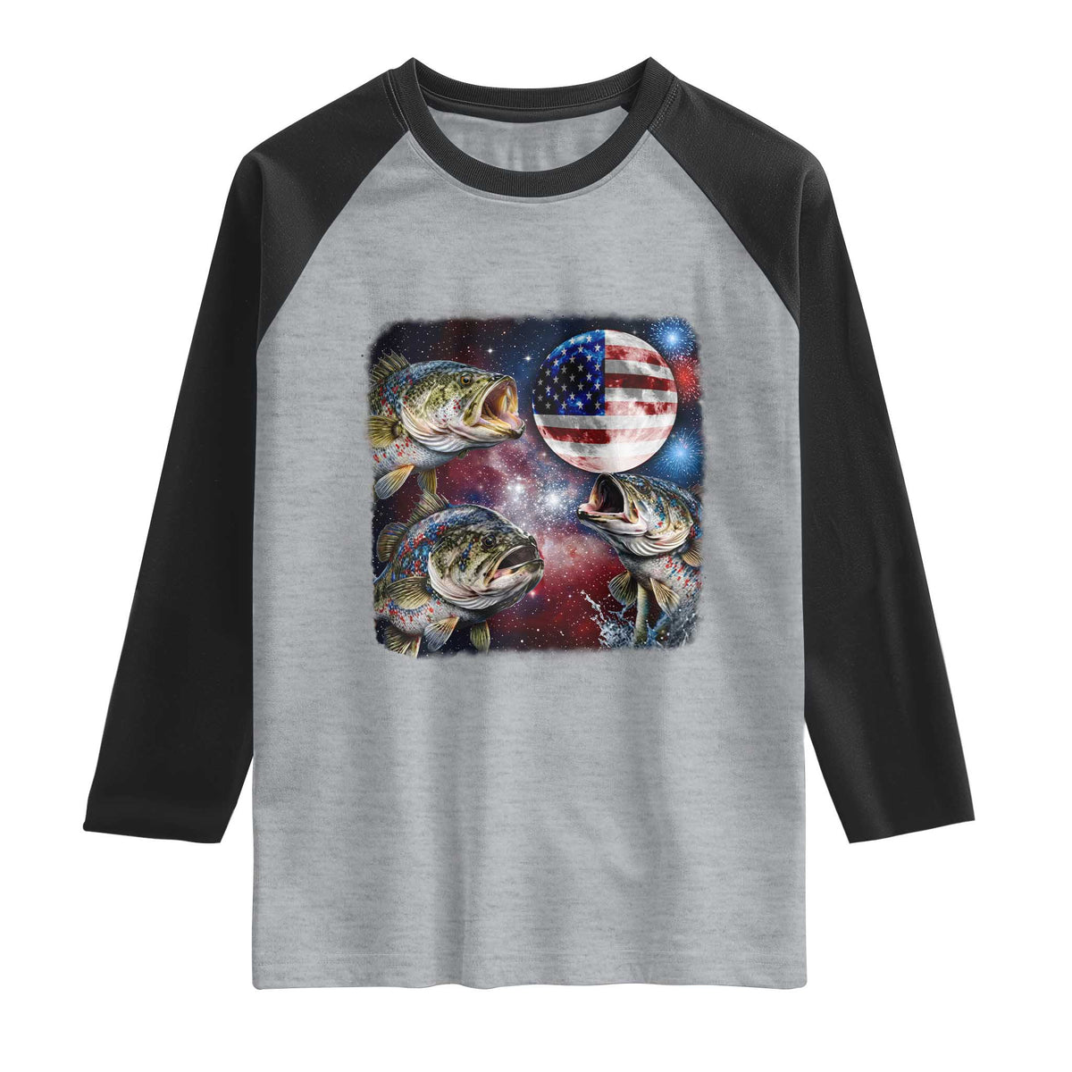 Patriotic Bass Fishing Moon Raglan Shirt 4th Of July Fisherman Gift
