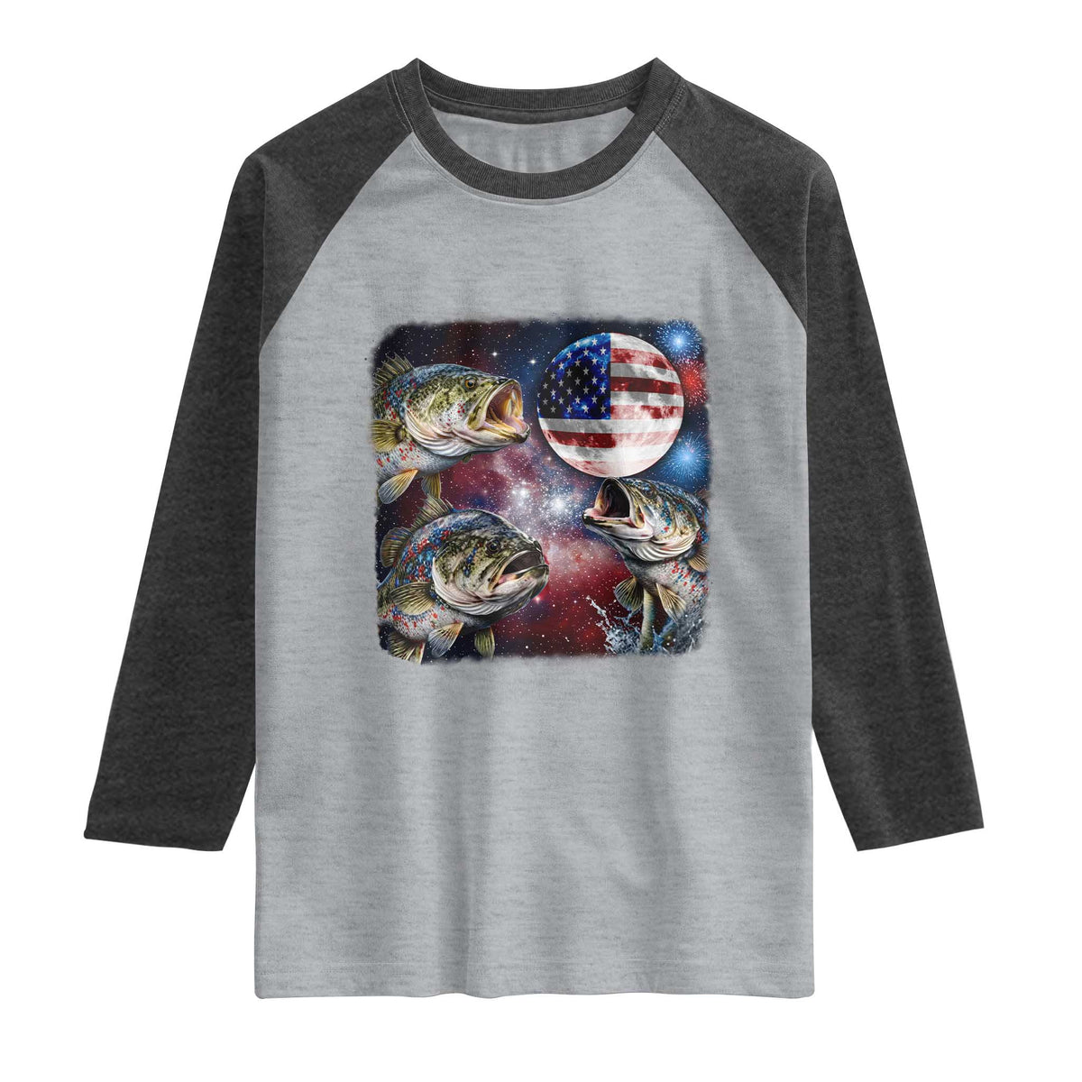 Patriotic Bass Fishing Moon Raglan Shirt 4th Of July Fisherman Gift