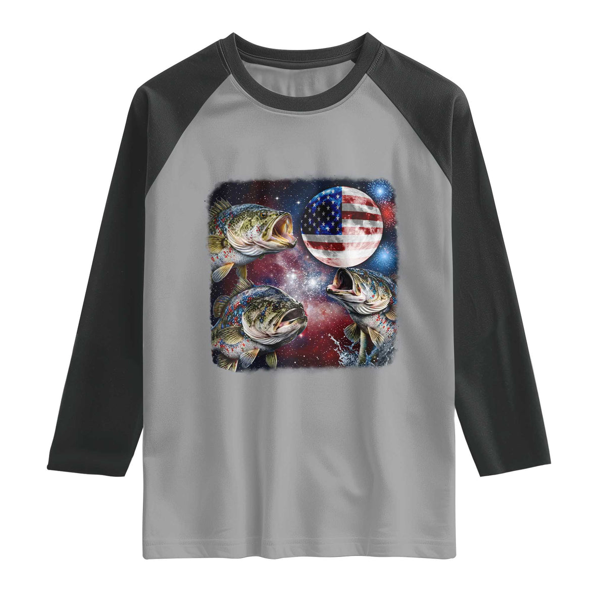 Patriotic Bass Fishing Moon Raglan Shirt 4th Of July Fisherman Gift