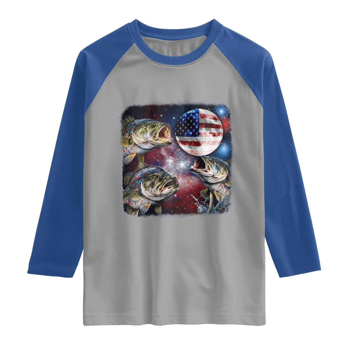 Patriotic Bass Fishing Moon Raglan Shirt 4th Of July Fisherman Gift