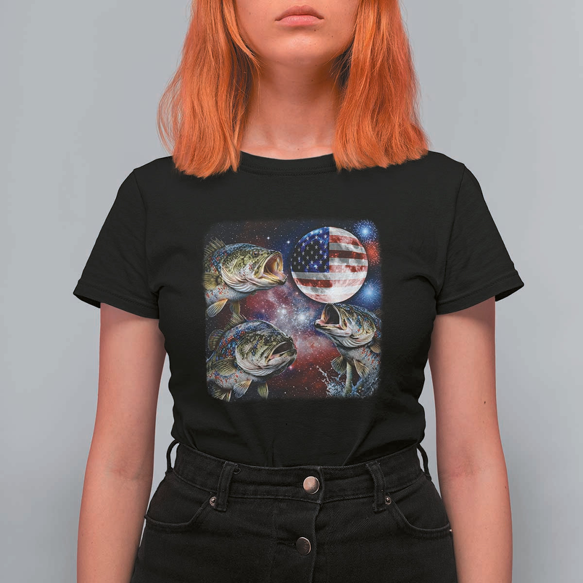 Patriotic Bass Fishing Moon T Shirt For Women 4th Of July Fisherman Gift